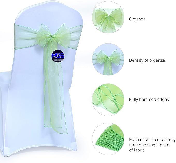MDS Pack of 10 PCS Organza Chair Sashes Wider Dining Chair Bows Ribbon Tie Back for Wedding Party Birthday Bridal Shower Reception Event Banquet Home Chair Cover Decoration - Apple Green