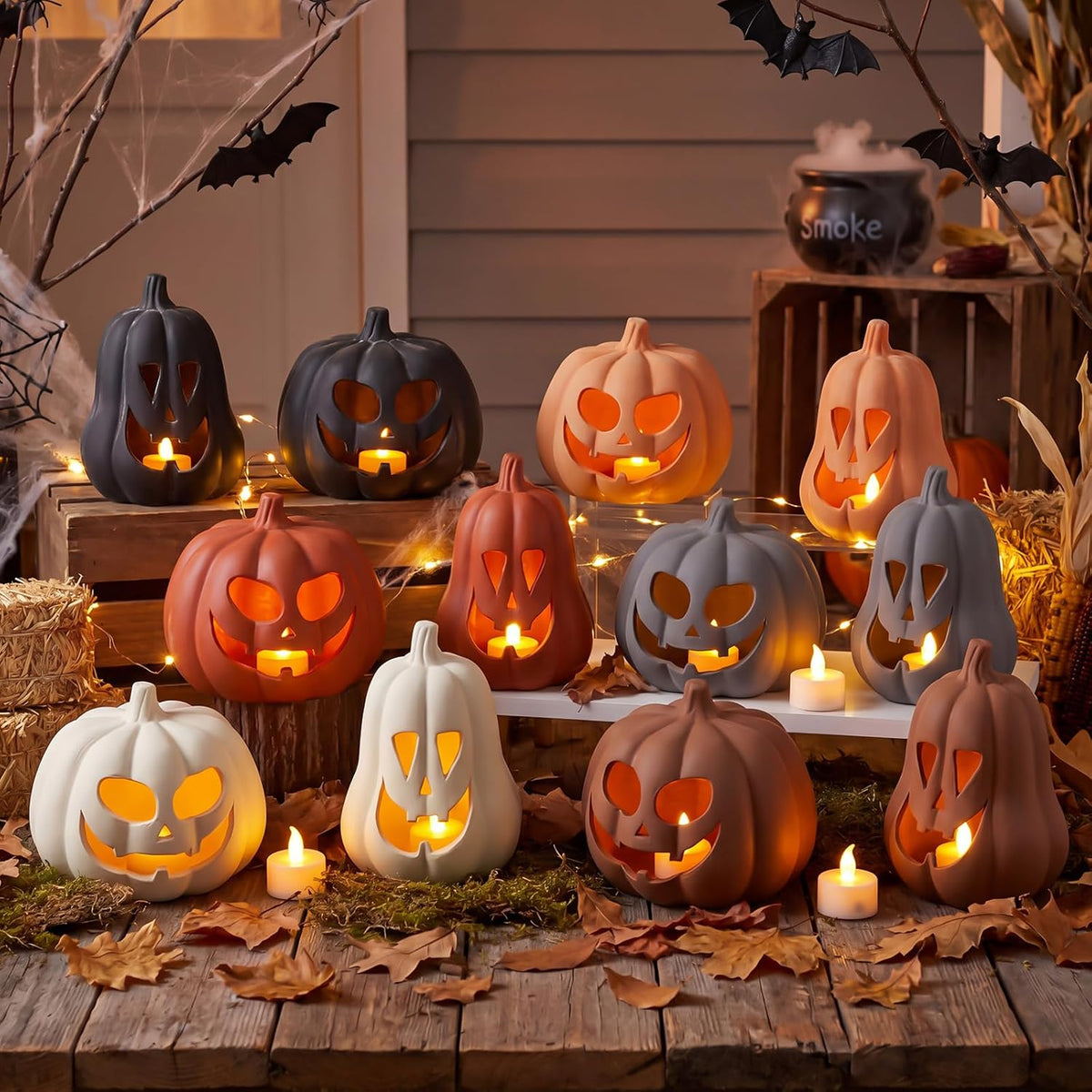 Tioncy Halloween Decor Terracotta Jack O Lantern Pumpkin Decor,Black