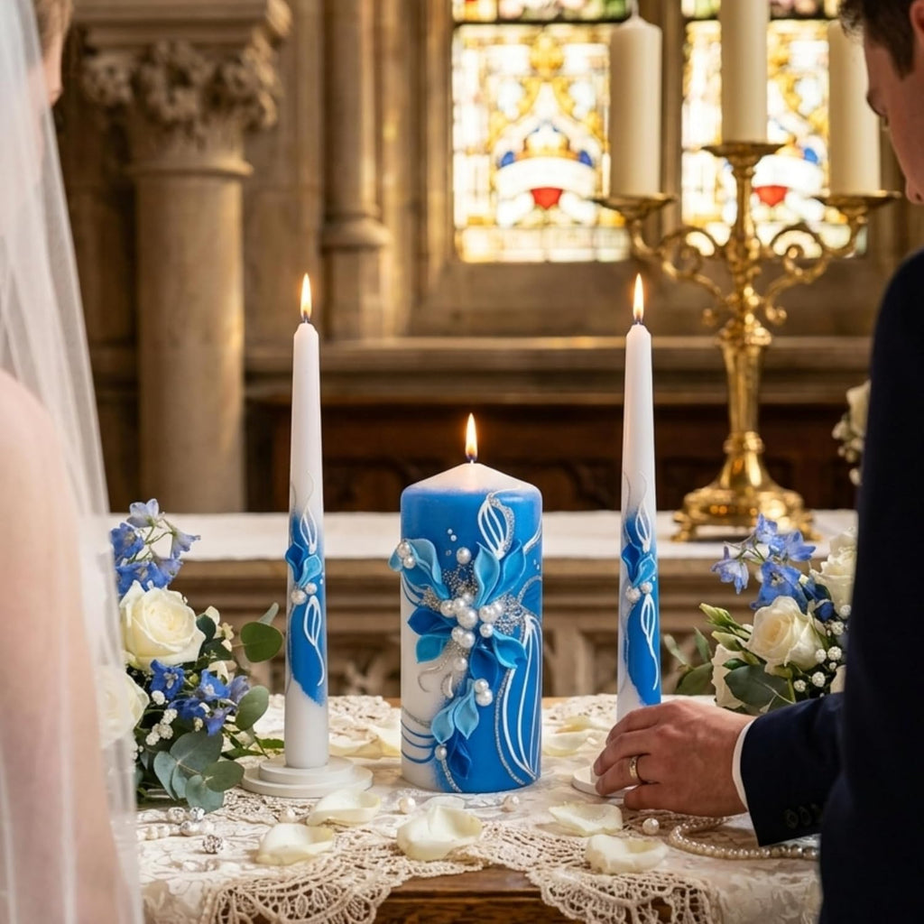 Unity Candle Set for Wedding Ceremony & Reception – 6” Pillar & Two 10” Taper Candles – Wedding Decor for Reception and Church Services – Handmade in USA –White | Royal Blue