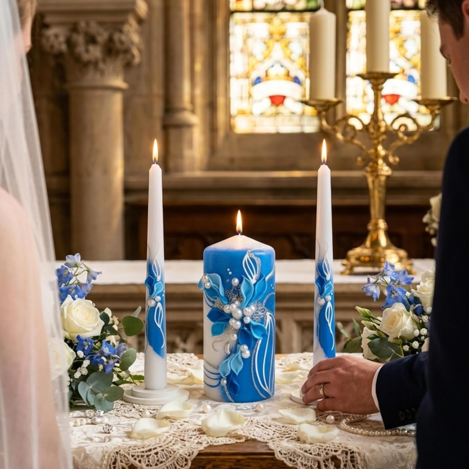 Unity Candle Set for Wedding Ceremony & Reception – 6” Pillar & Two 10” Taper Candles – Wedding Decor for Reception and Church Services – Handmade in USA –White | Royal Blue