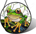 Stained Glass Window Hanging, Green Frog White Petals Sun Catchers Colorful Glass Panel Cute Suncatcher Decor for Birthday for Women, Men, Wife, Aunt, and Mom 11.8x11.8 in