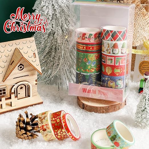 16 Rolls Christmas Washi Tape Holiday Masking Tape 4 Sizes Red Green Christmas Wrapping Tape Glod Foil Decorative Tape for Christmas Scrapbook Journal DIY Craft Gift Wrapping（Christmas