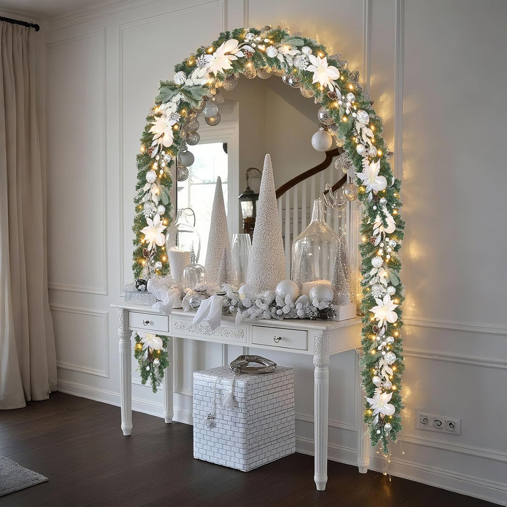 lighted christmas garland for mantle,fireplace,stairs, garland for front, close-up detail