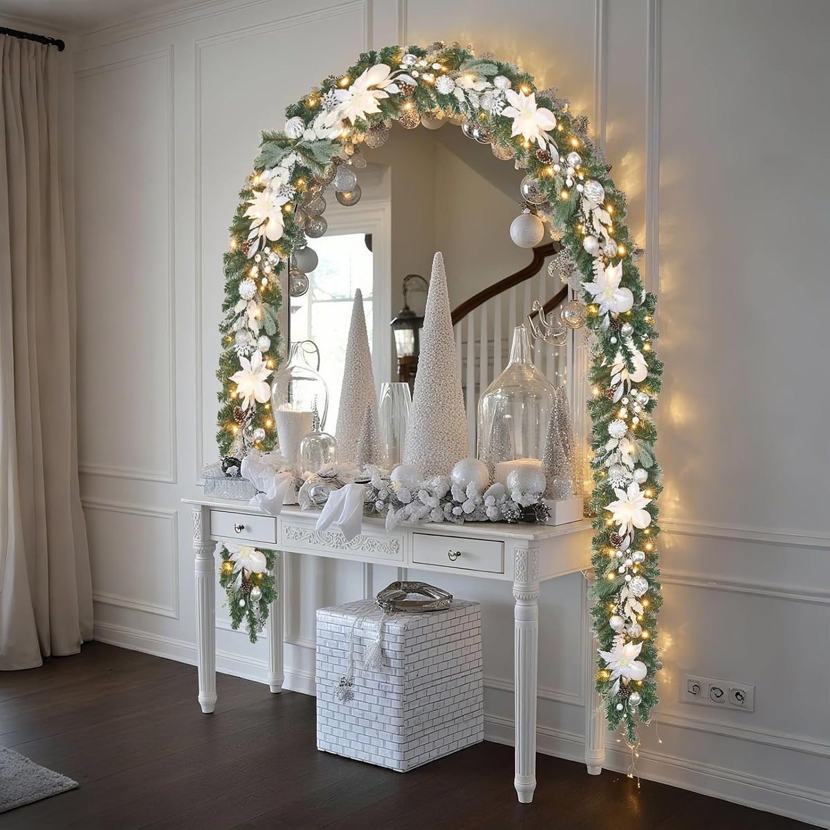 lighted christmas garland for mantle,fireplace,stairs, garland for front, close-up detail