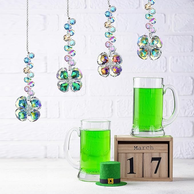 HDCRYSTALGIFTS 4pcs Four Leaf Clover Sun Catchers with Crystals Rainbow Prisms Window Suncatcher Hanging Indoor Decorations, St Patricks Day Accessories Spiritual Gifts for Women, Mom, Family, Friends