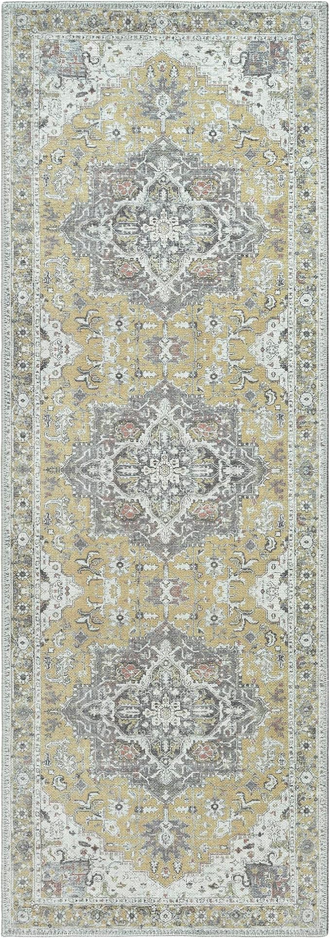 Bloom Rugs Washable Non-Slip 10 ft Runner - Yellow Traditional Medallion Runner for Entryway, Hallway, Bathroom, and Kitchen - Exact Size: 2.5' x 10'