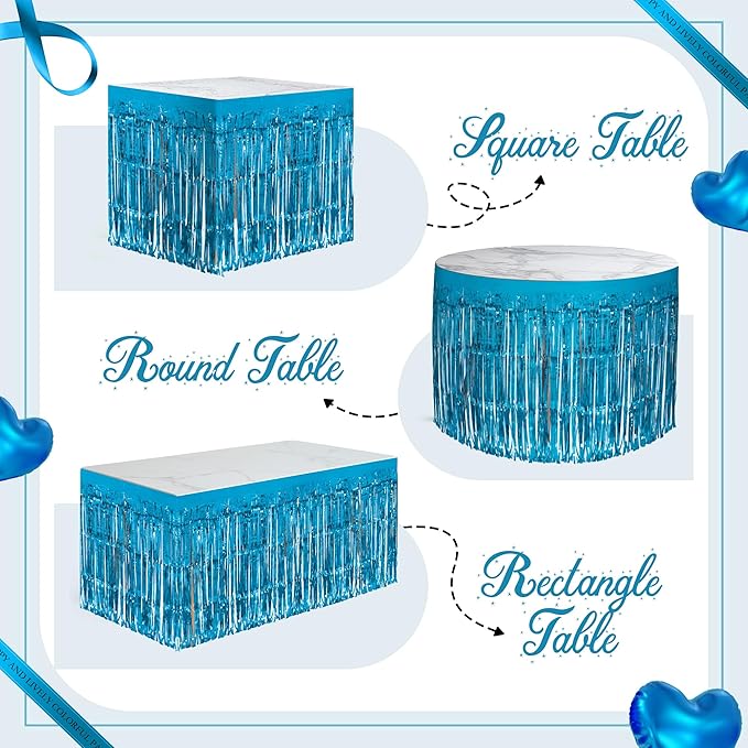2 Pack Lake Blue Table Skirts, 29x108" Metallic Foil Tinsel Fringe Table Skirts for Rectangle Tables Streamer Curtains Backdrop, Party Decorations for Birthdays Weddings Holidays