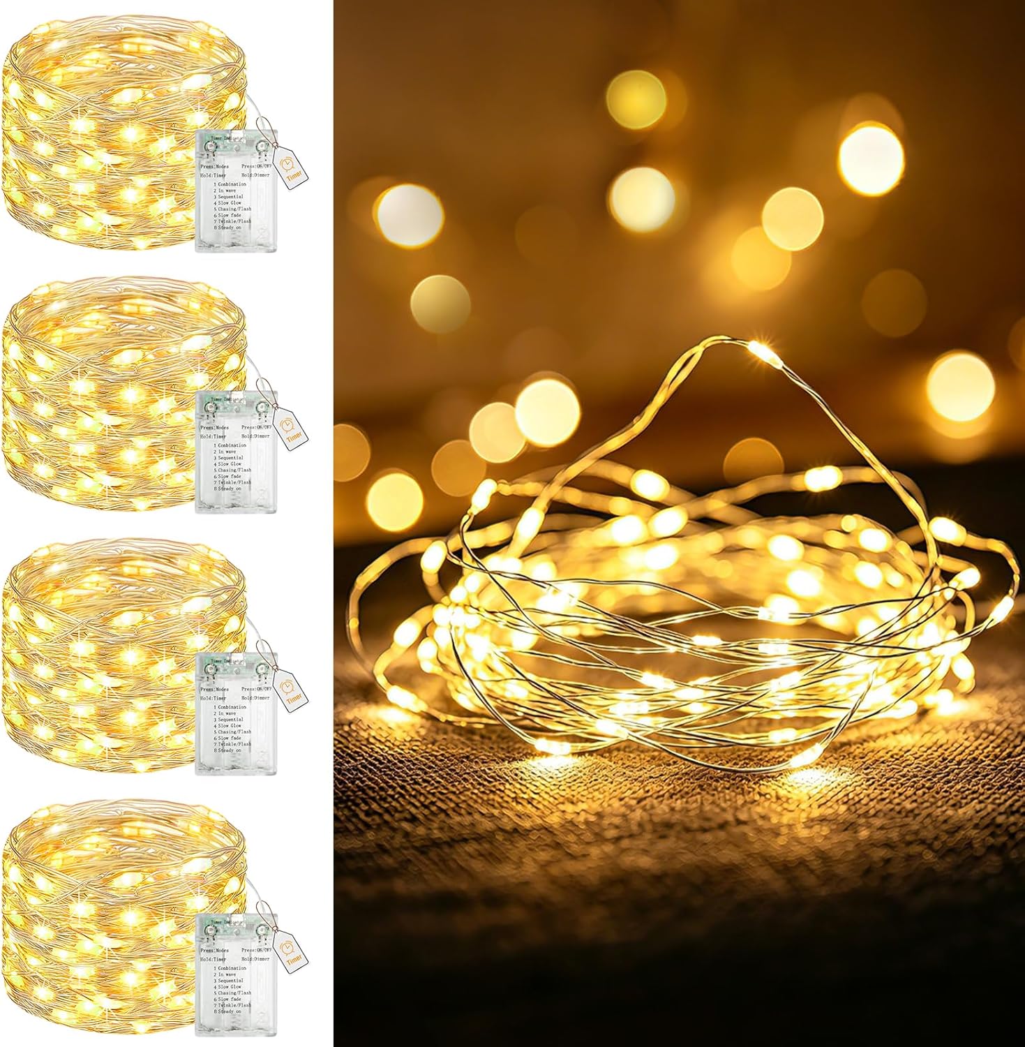 btfarm 4 Pack Fairy Lights Battery Operated with Timer, 16FT 50LED Twinkle String Lights USB Powered, 8 Mode Dimmable Cuttable Wire Light Waterproof for Indoor Bedroom Wedding Christmas, Warm White