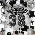 38th Birthday Decorations for Men Women, Black Silver Happy Birthday Party Decorations， 38 Year Old Party Supplies with Number 38 Balloons, Banner, Fringe Curtains Kit