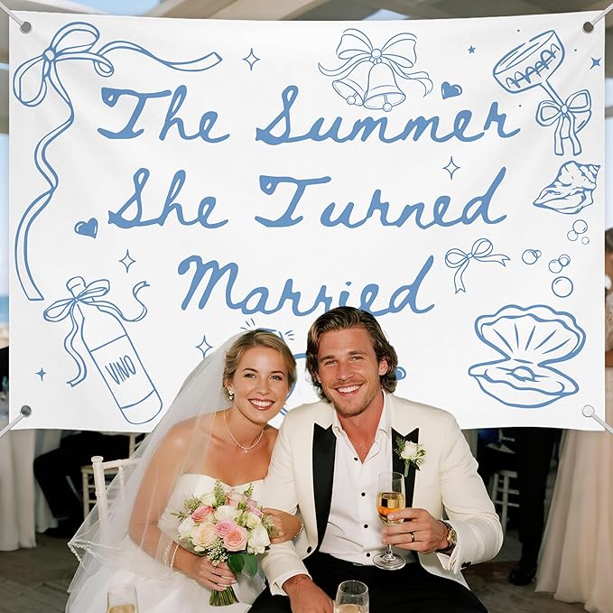 The Summer She Turned Married Backdrop - Beach Wedding Party Decorations - Bridal Shower Bachelorette Party Background Blue