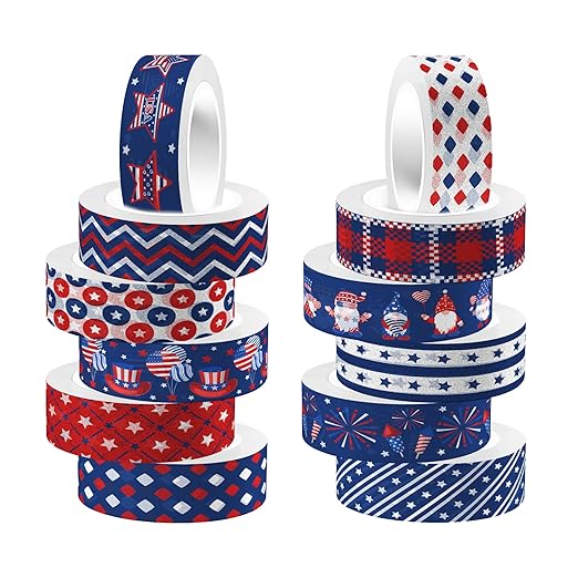 Washi Tape 12 Rolls Washi Tape Set Patriotic Packing Tape American Flag Washi Masking Tape Decorative Paper Stickers Decorative Tape for Gifts Wrapping DIY Art Crafts