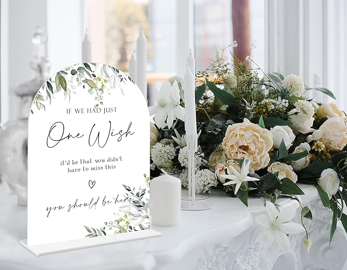 Greenery Wedding Memorial Sign, 6 x 8 Inch White Arch Acrylic Wedding Sign with Holder, Wedding Sign for Ceremony and Reception, Wedding Decoration, Wedding Supplies - LY10