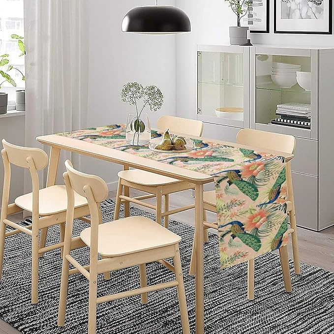 Peacock Table Runner,Pink Flower Peacock Birds Table Runner for Home Kitchen Dining Party Indoor Outdoor Decoration 13x36 Inch