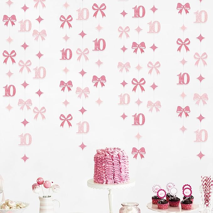 Glitter Pink 10th Bow Birthday Decorations Hot Pink Conquette Bow Garland Streamer Banner Backdrop for Girls Happy 10th Birthday Double Digits I'm 10 Cheers to 10 Years Old Anniversary Party Supplies