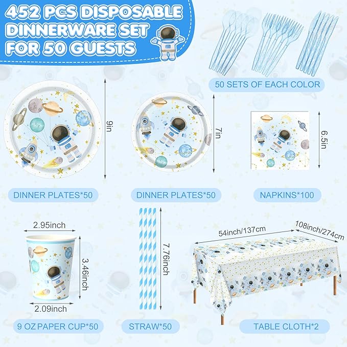 452 Pcs Space Themed Party Decorations for 50, Blue Space Astronaut Paper Plates Napkins Cups Tablecloth Cutlery Straws for First Trip Around The Sun Planet Birthday Baby Shower Party Supply