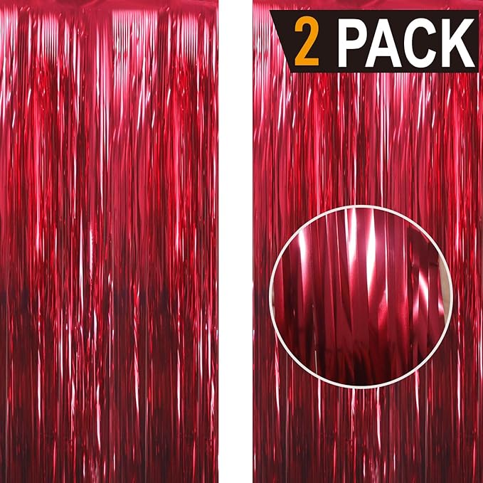 GOER 6.4 ft x 9.8 ft Metallic Tinsel Foil Fringe Curtains,Pack of 2 Party Streamer Backdrop for Birthday,Graduation Decorations and New Year Eve (Burgundy)