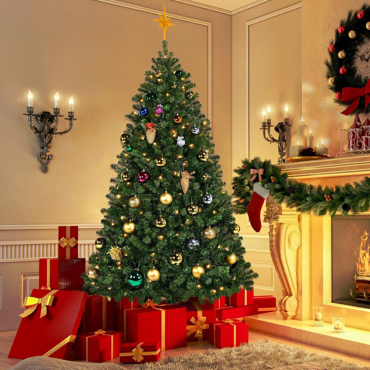 yaheetech 6ft pre-lit christmas tree with 300 warm shown in use
