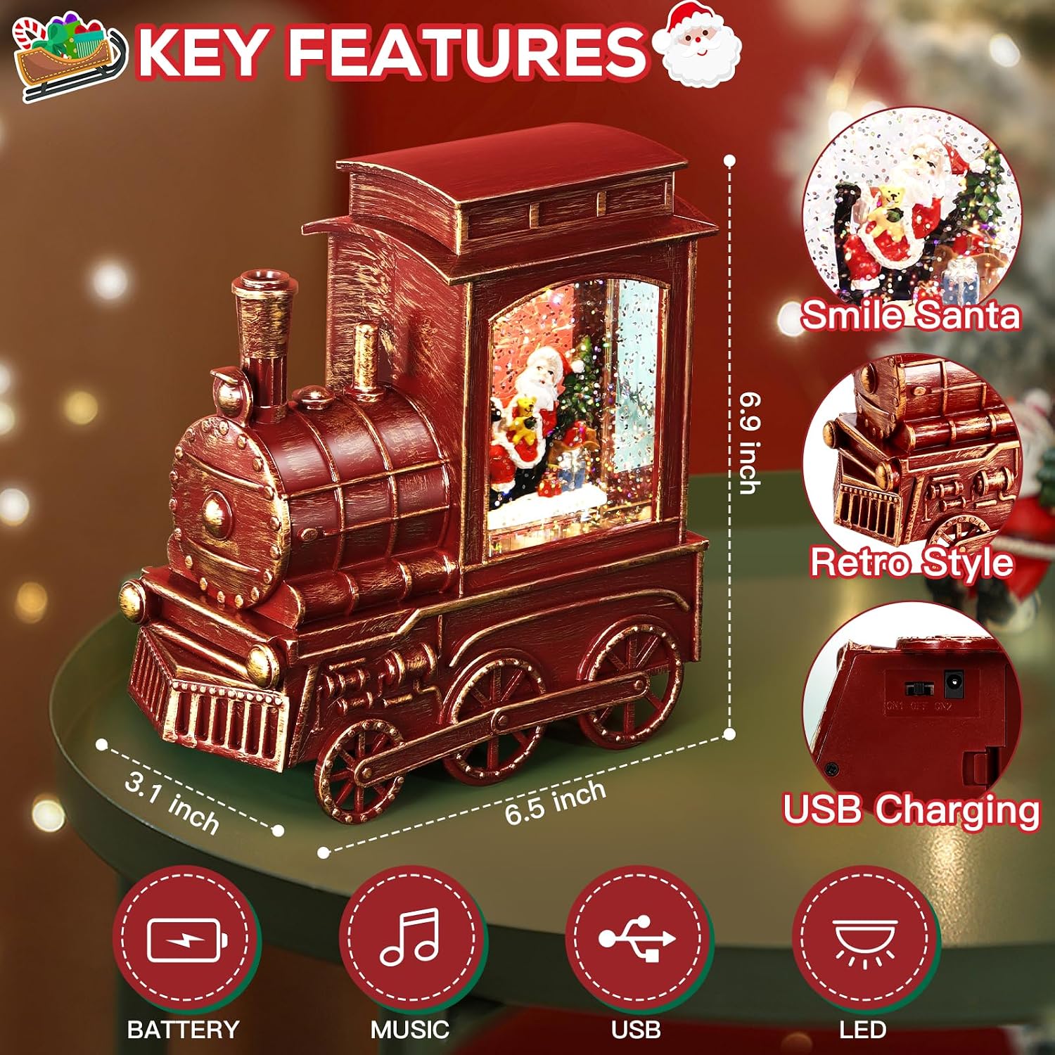 IPOW Christmas Santa Globe Lantern Train with Water Swirling Glitter, Musical and Lighted 6 Hours Timer USB Powered & Battery Operated Music Box for Christmas Home Decoration Gift