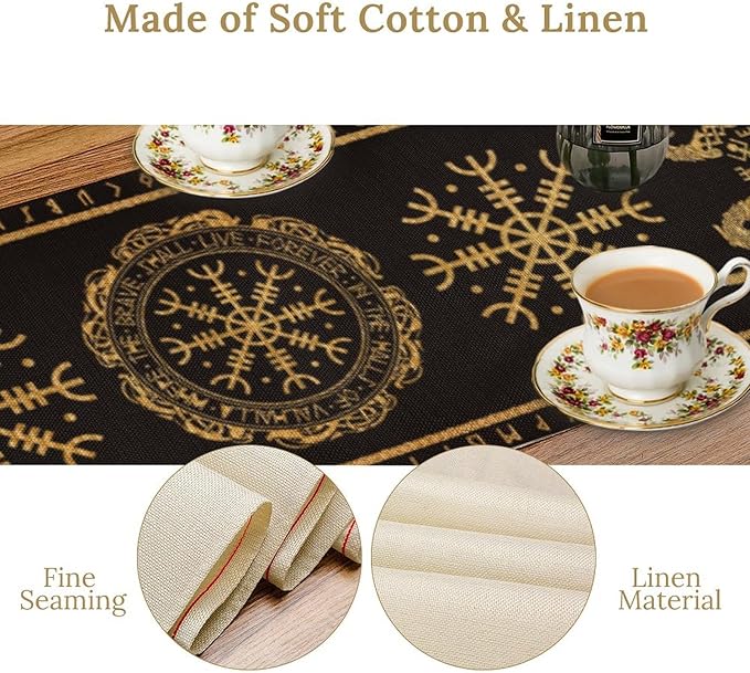 Viking Tree of Life Abstract Table Runner for Living Room Home Party Coffee Dining Party Wedding Golden Black Celtic Style Geometric Dragon Boat Rudder Ancient Script Table Runner 13x60 Inch