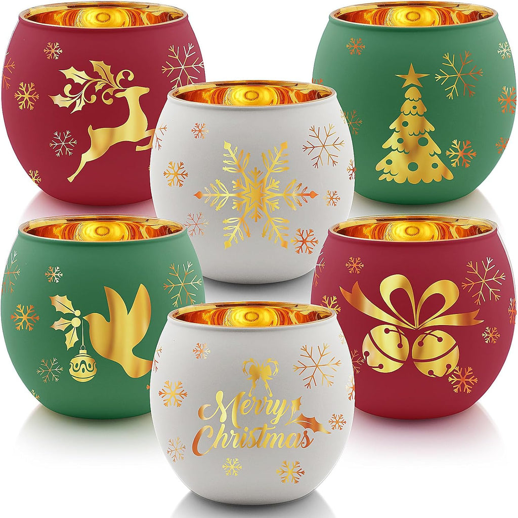 Christmas Votive Candle Holder Set of 6, Red Green White Glass Tealight Holder with 6 Laser Engraving Patterns for Winter Xmas Table Centerpiece Decor