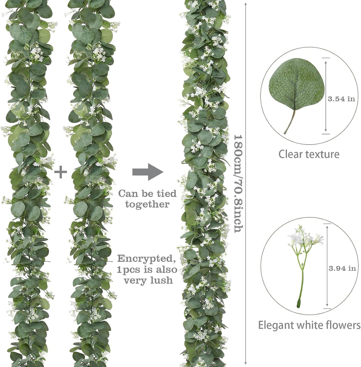 eucalyptus garland with white flowers 4 packs 5.9ft, close-up detail