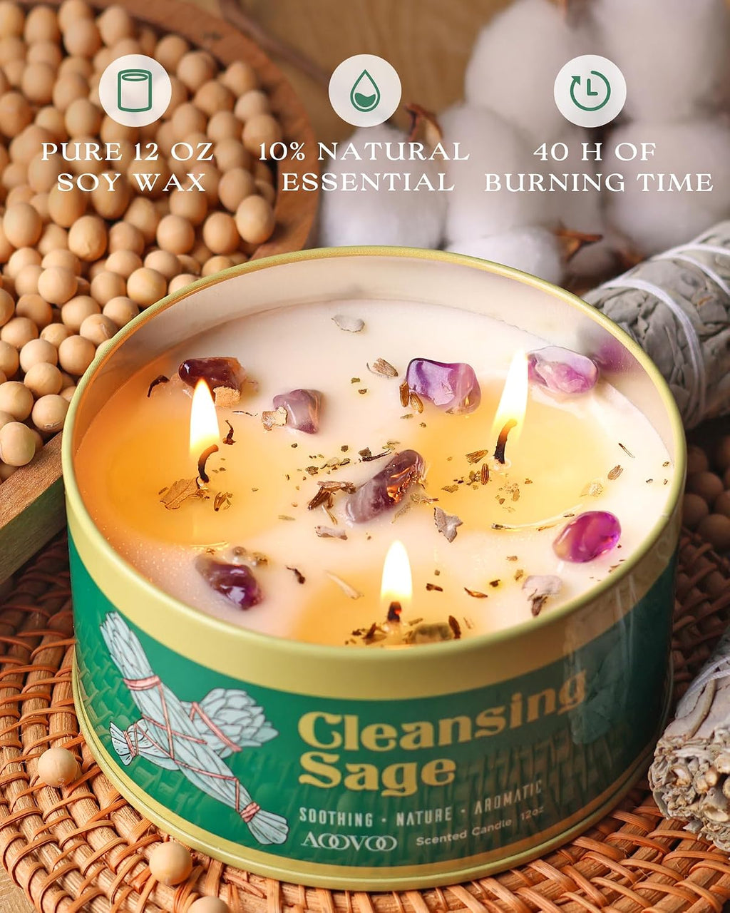 AOOVOO Sage Candle for Cleansing - 3 Wick 12oz Large Scented Candle with Crystals & Sage Leaves Inside, Soy Candles Non Toxic for Meditation Spiritual Gift, Aromatherapy Candle for Women Men