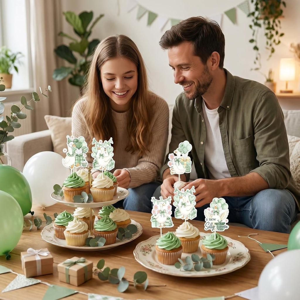 Silly Goose Baby Shower Decorations - 36PCS Sage Green A New Silly Goose is Almost Loose Party Decorations Cake Toppers Cute Animal Theme Cupcake Toppers for Gender Reveal Baby Shower Birthday Party