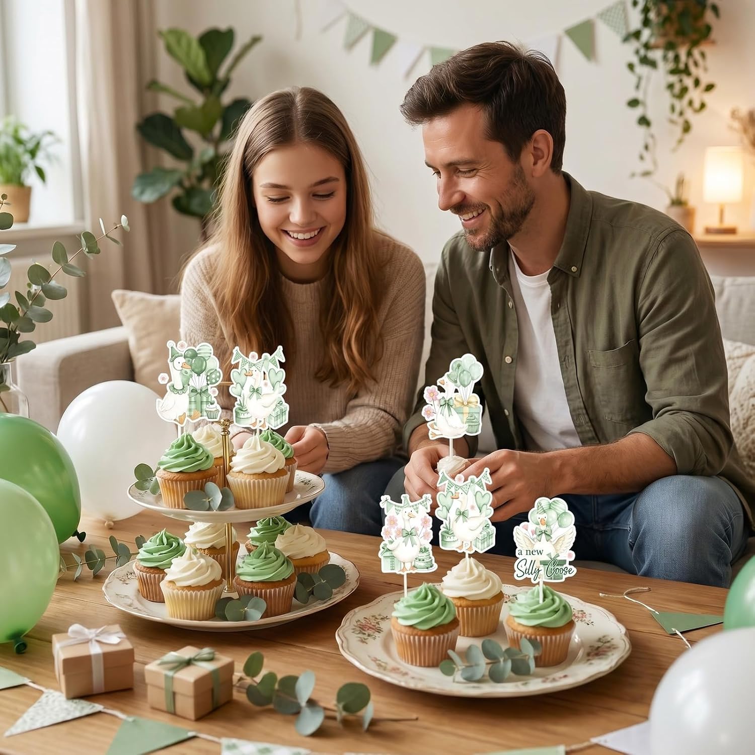 Silly Goose Baby Shower Decorations - 36PCS Sage Green A New Silly Goose is Almost Loose Party Decorations Cake Toppers Cute Animal Theme Cupcake Toppers for Gender Reveal Baby Shower Birthday Party