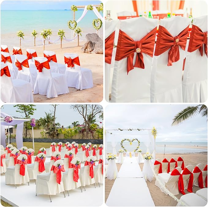 50 PCS Red Satin Chair Sashes Bows Universal Chair Ribbon Ties Back Sash for Wedding Party Reception Events Banquets Hotel Event Chair Cover Decoration (7x108 inch)