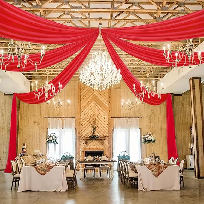 DUOBAO Ceiling Drapes 5FTx10FT Red Backdrop Curtains for Tent Drape Elegant Events Dark Red Wedding Arch Draping Fabric Sheer Chiffon Curtain for Banquet Room Graduation Prom, 6 Panels 5×10ft
