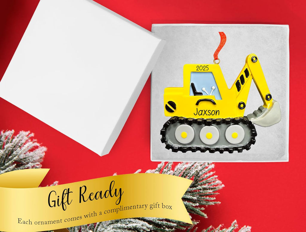 Personalized Excavator Christmas Ornament 2026 | Yellow Digging Machine, Construction Digger Vehicle, Bulldozer Decoration for Xmas Tree | Unique Keepsake for Kids Boys - Custom Name & Year