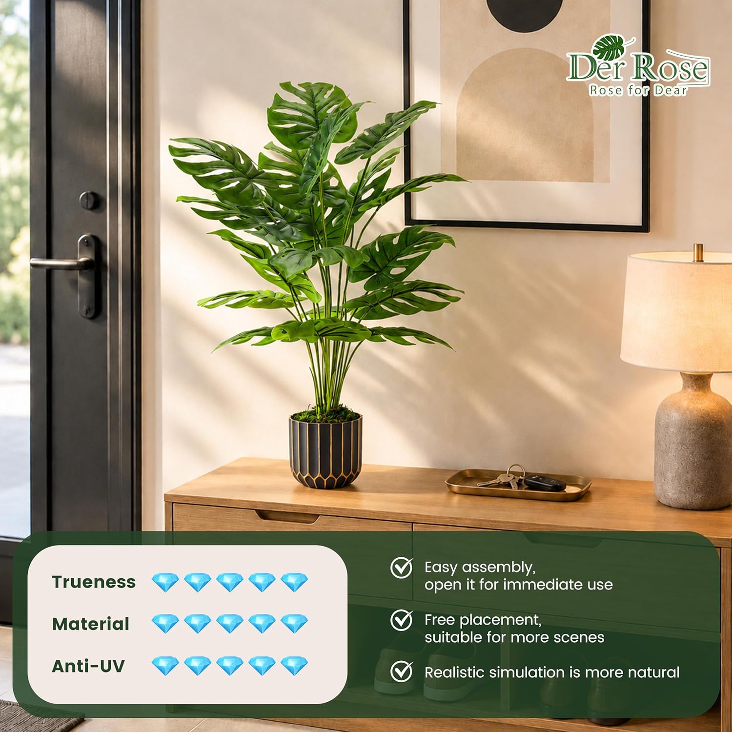 Der Rose 28'' Fake Plants Tall Artificial Monstera Faux Plants Indoor Outdoor Tree for Living Room Home House Decor