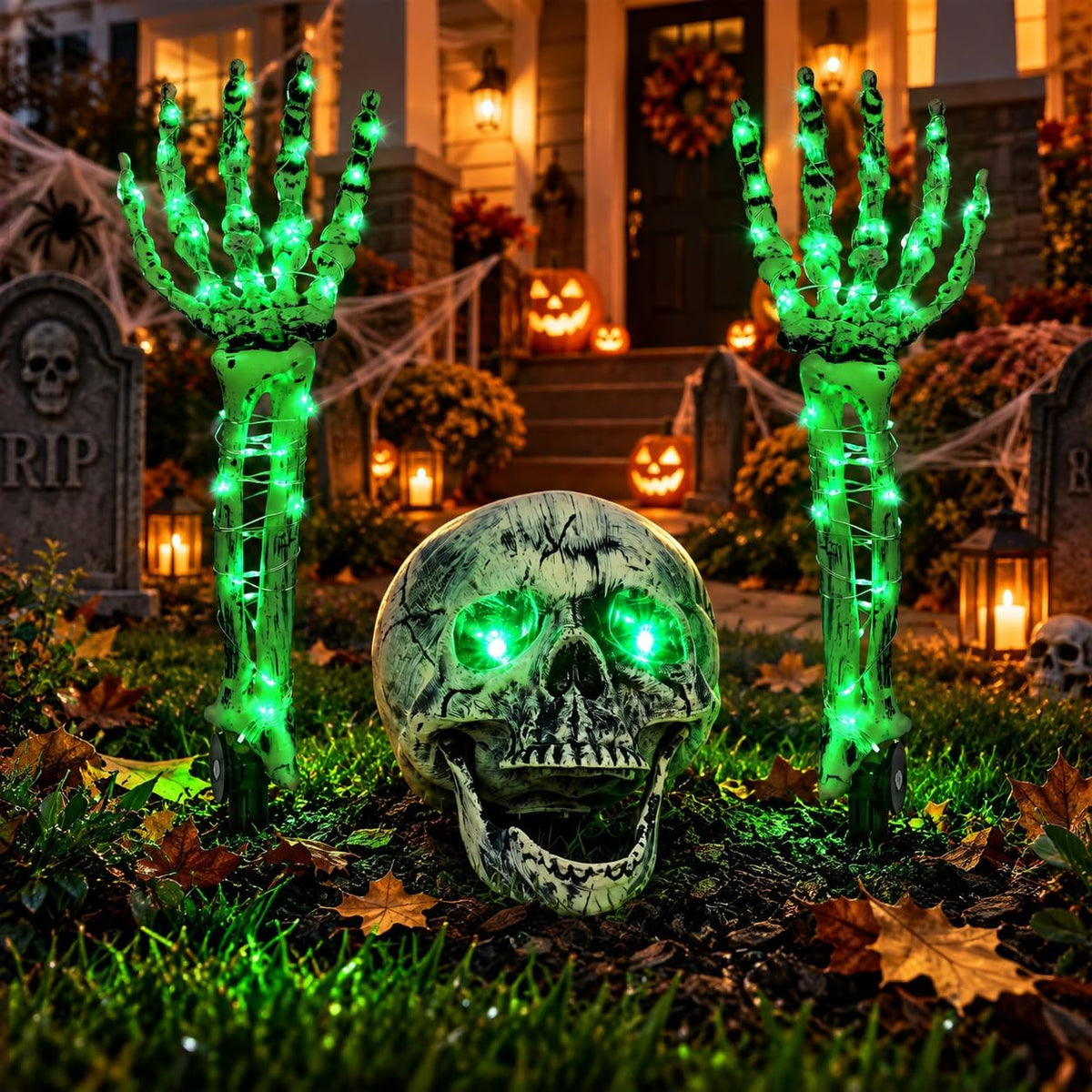 Halloween Skeleton Decorations Outdoor, Light Up Skull Head & Skeleton Ha...