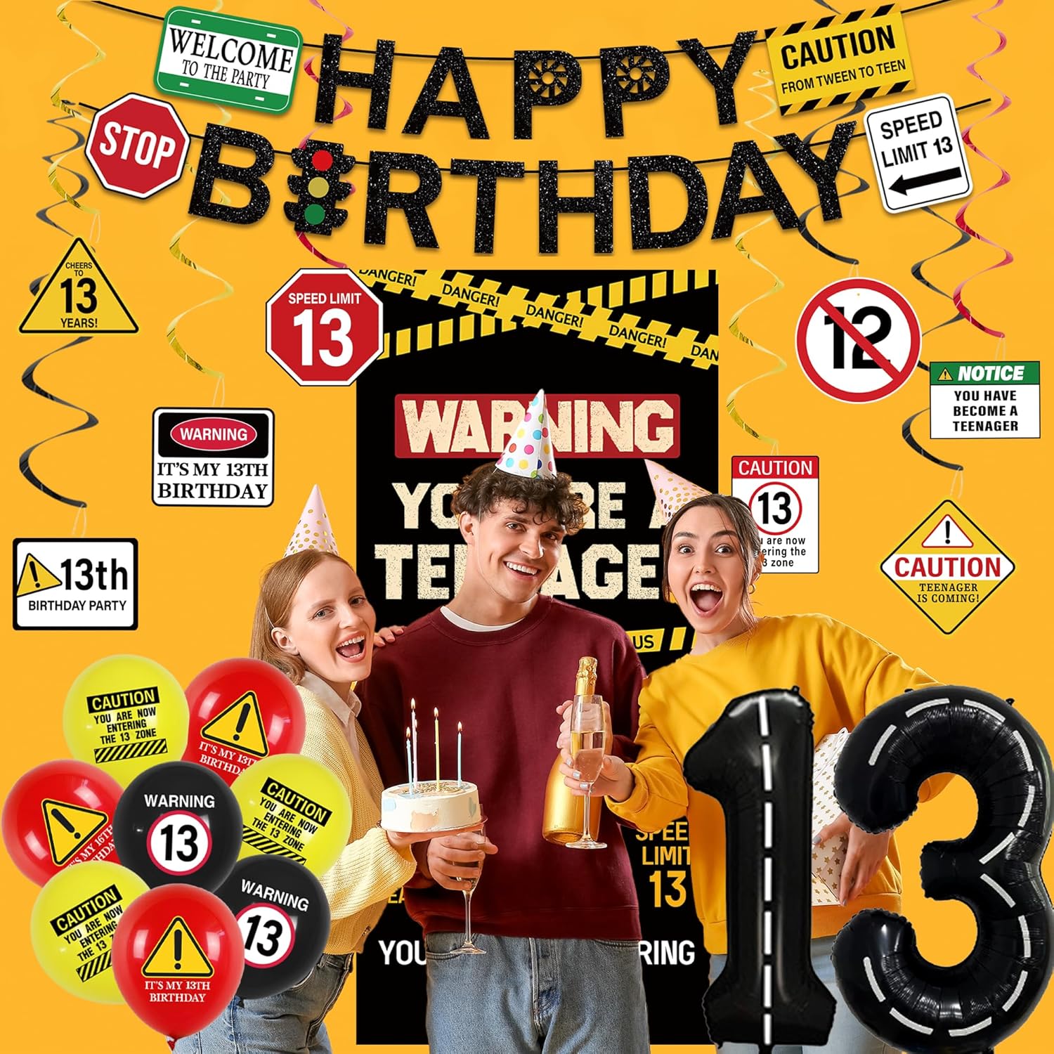 Roetyce 13th Birthday Decorations Boys Girls, Black Happy 13th Birthday Banner Backdrop Balloons Hanging Swirls, Caution Logo Themed Teenager 13 Years Old Party Yard Door Wall Cover Background