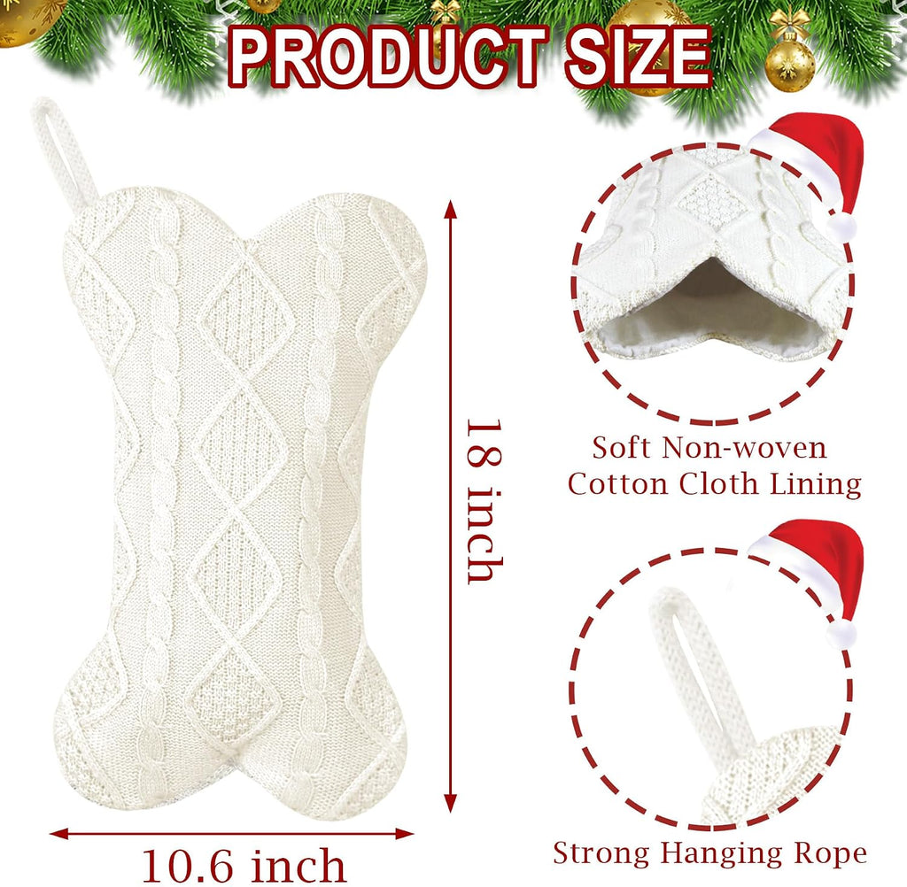 GOYOSWA 2 Pack Dog Christmas Stocking, 18 Inch Large Double Side Knitted Christmas Stocking for Dogs, Bone Shaped Hanging Dog Stockings for Dogs Pets (White & White)
