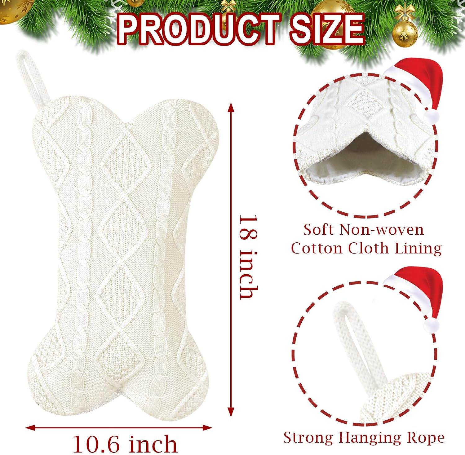 GOYOSWA 2 Pack Dog Christmas Stocking, 18 Inch Large Double Side Knitted Christmas Stocking for Dogs, Bone Shaped Hanging Dog Stockings for Dogs Pets (White & White)