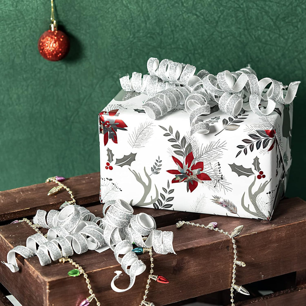 WRAPAHOLIC 6 Pcs Christmas Curly Bows - Silver Design Self-Adhesive Burst Bow, Perfect for Christmas, Birthday, Holiday, Party Favors Decorations