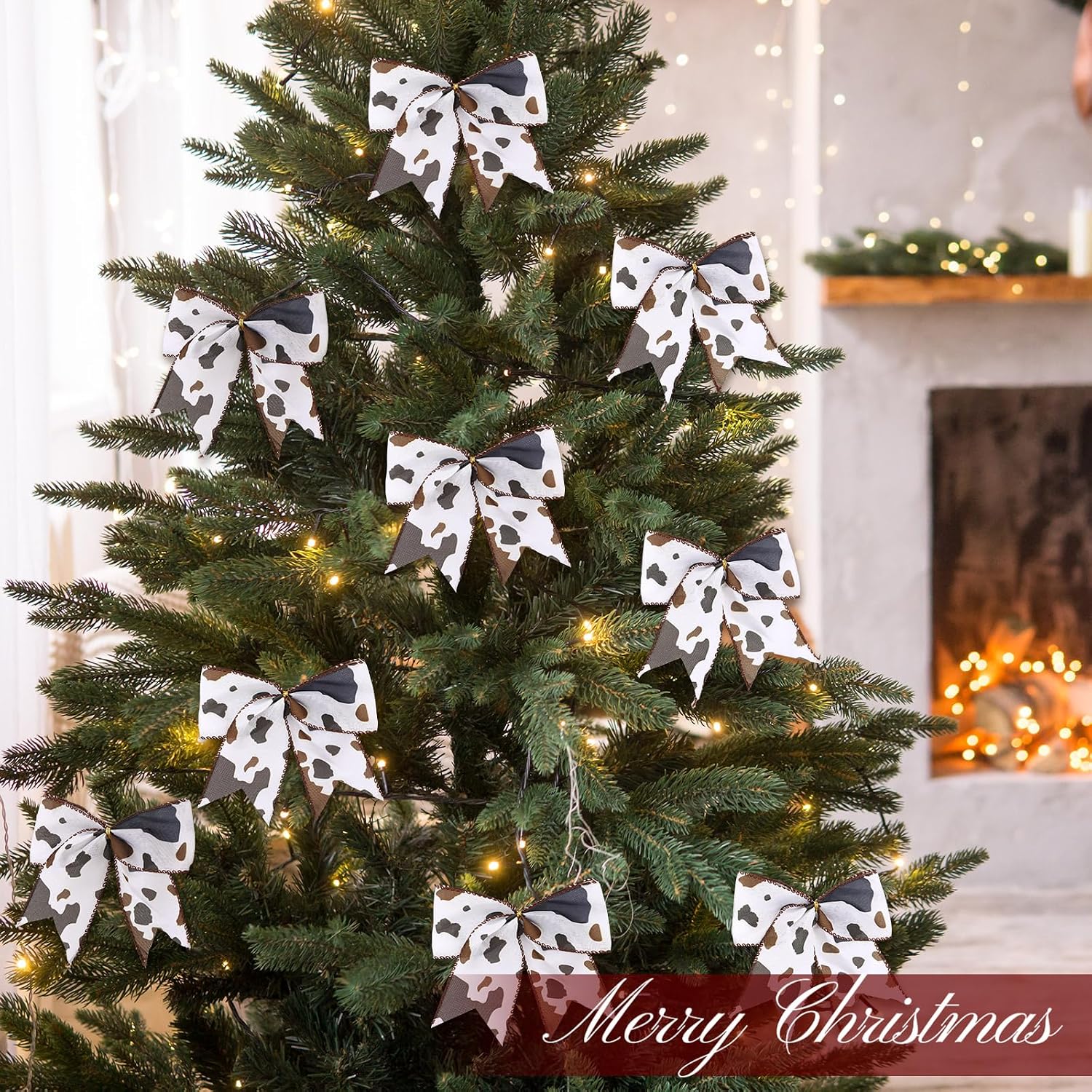 Janinka 24 Pcs Cowhide Printed Christmas Bows 6 Inch Large Cow Christmas Wreaths Bows for Farmhouse Tree Gift Wrapping Garland Holiday Western Party Crafts Xmas Tree Ribbon Ornaments