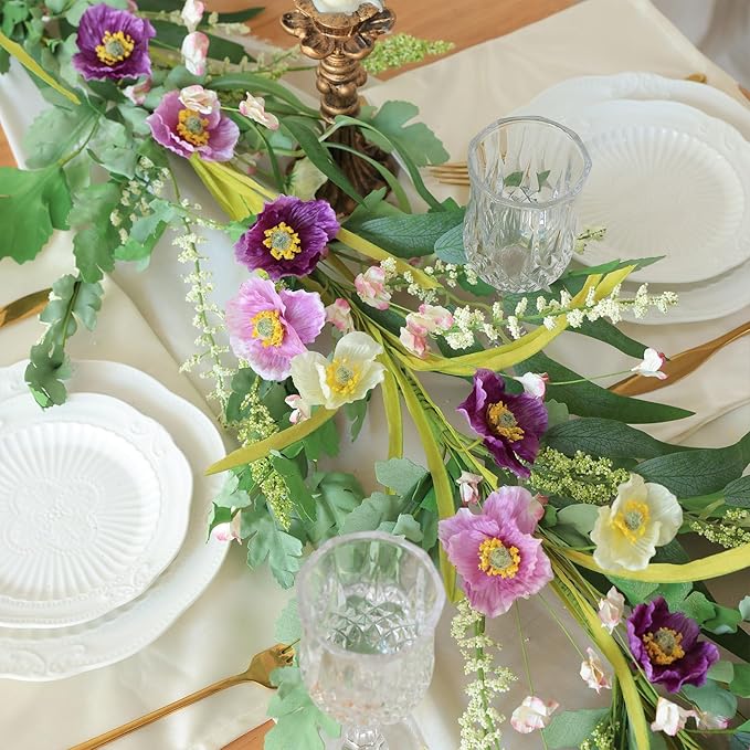 Mizii Purple Artificial Flower Garland 6FT Fake Poppy Floral Garland Hanging Vines Spring Summer Flowers Decorations for Mantle Table Centerpieces Room Wall Fireplace Wedding Decor (Purple)