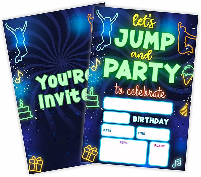 Glow Trampoline Birthday Invitations, Let's Jump & Party Birthday Invite Cards（20 Count) With Envelopes, Neon Double-Sided Fill In Style Invite Cards For Boys & Girls, Birthday Party Supplies-B07