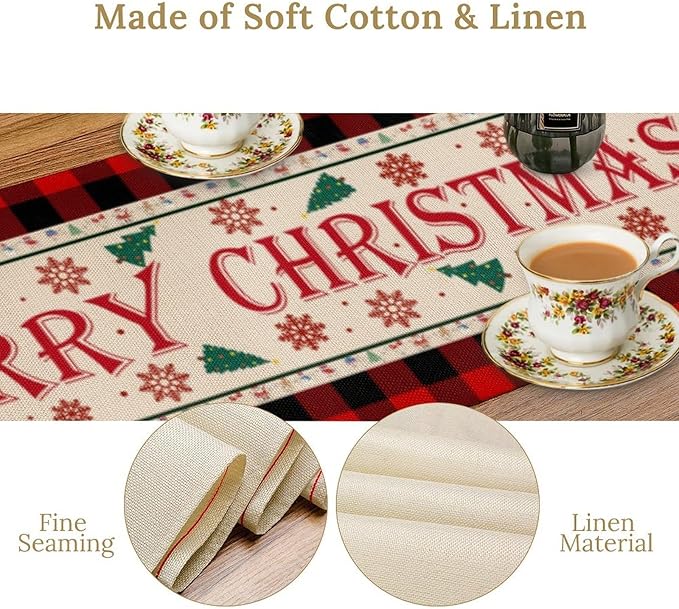 Merry Christmas Table Runner,Winter Xmas Holiday Table Cloth Kitchen Dining Table Decoration for Home Party Decor 13x90 Inch