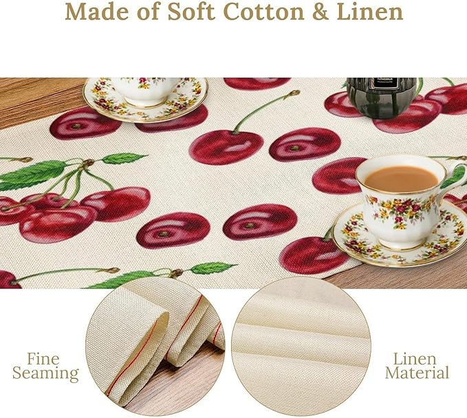 Red Cherry Table Runner Watercolor Tropical Fruit Spring Summer Wild Berry Dinner Runner for Girl Baby Shower Party Holiday Home Kitchen Dining Table Decor 13x120
