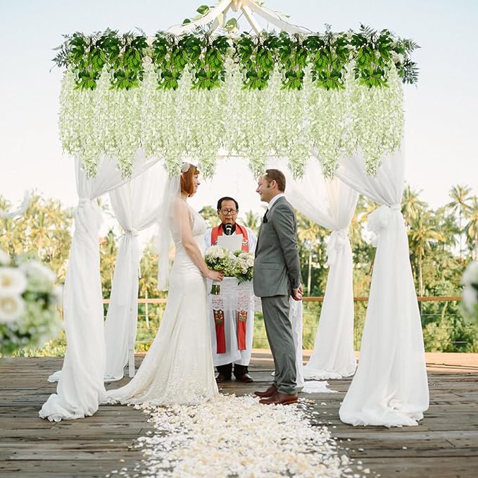 36 Pack Green White Wisteria Hanging Flowers, 3.44 Ft Fake Hanging Flowers, Artificial Wisteria Garland Vines for Wedding Room Backdrop Outdoor Patio Garden Decoration