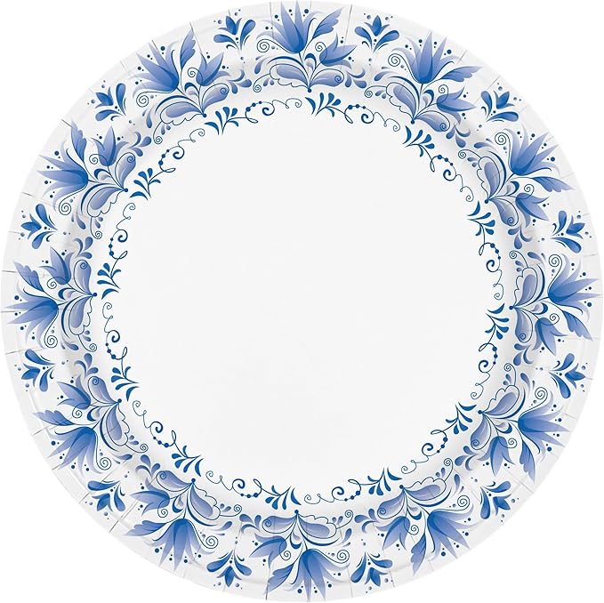 Charmount Large Paper Plates, 100pcs Disposable, Blue Flower Printed, Soak & Cut Proof for Parties & Daily Use
