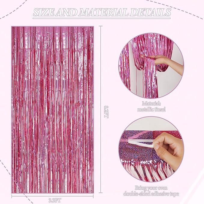 3 Pack Foil Fringe Backdrop - Laser Pink Shiny Tinsel Curtains for Party Decoration/Photo Booth Props - 3.3x8.2 FT Metallic Foil Backdrop for Birthday, Wedding, Graduation, Christmas.