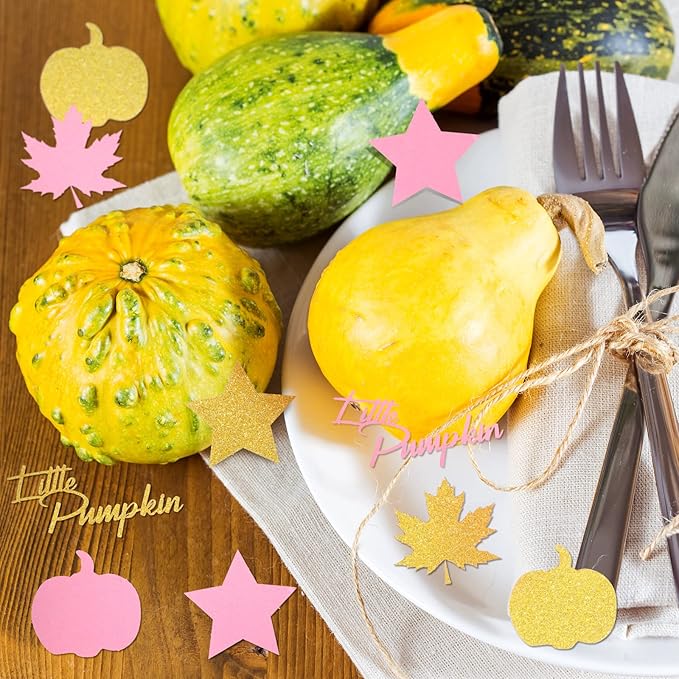 400 Pcs Fall Little Pumpkin Baby Shower Decorations Fall Thanksgiving Glitter Confetti Pink and Gold Pumpkin Confetti Autumn Thanksgiving Maple Leaf Decor for Birthday Party Supplies (Fresh Style)