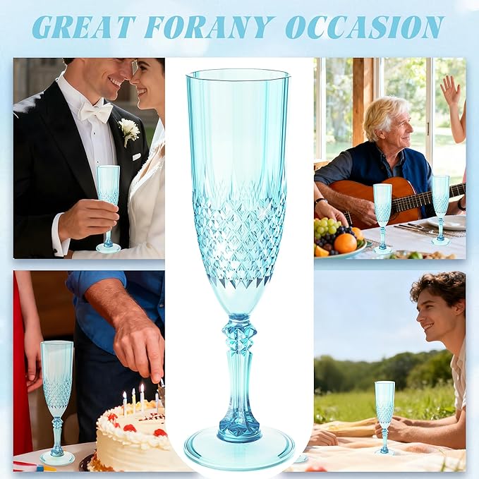Plastic Champagne Flutes, 12PCS Light Cyan Wine Glasses Goblets Cups Reusable Flute, for Weddings Bachelor Parties Toasting and Events(12, Light Cyan)