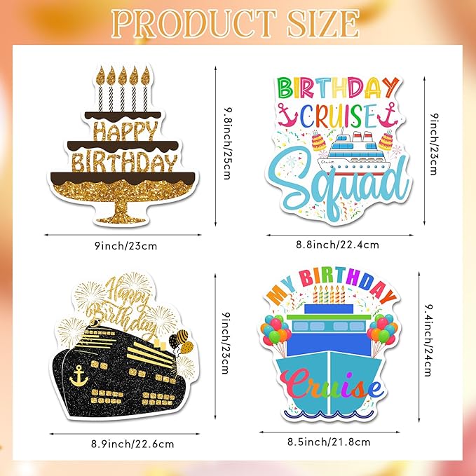 Hoteam 4 Pcs Birthday Cruise Door Decorations Magnetic Large Happy Birthday Cruise Ship Door Magnets Funny Waterproof Balloon Cake Nautical Magnets for Carnival Cabin Stateroom Fridge Car