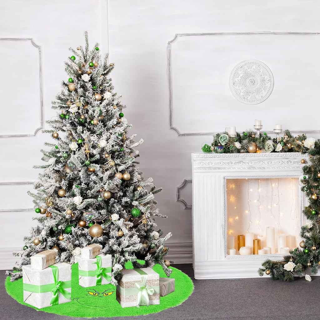 48 inch Green Christmas Tree Skirt, Plush Faux Fur Xmas Tree Skirt | Whimsical Funny Velvet Farmhouse Tree Skirt Decorations for 6-7 ft Tree Halloween Xmas Holiday Party