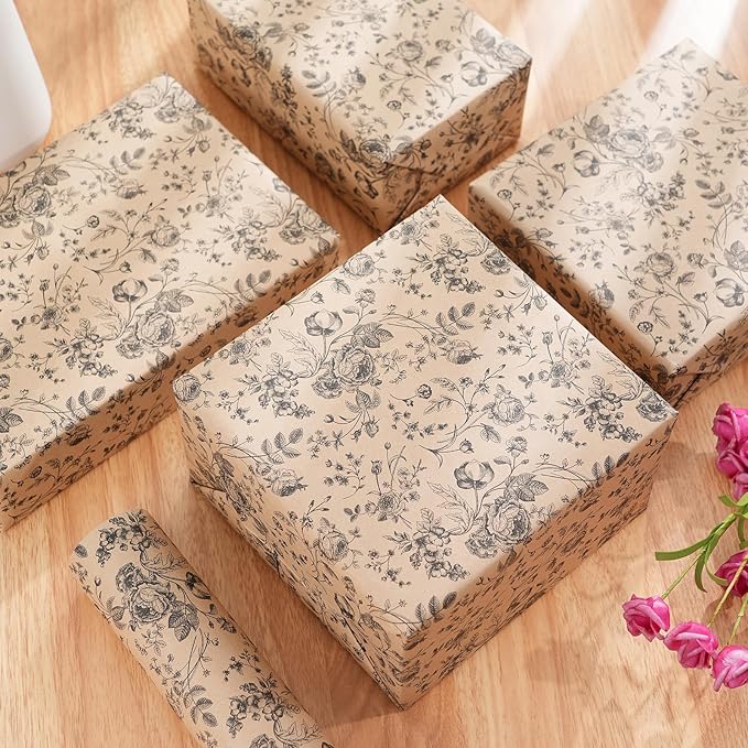 Ulmasinn Kraft Floral Wrapping Paper Roll - 17 Inches x 33 Feet - Vintage Black Floral Design with Cut Lines for Upscale Gifts, Birthday, Bridal Shower, Wedding, Mother’s Day, Valentine's Day